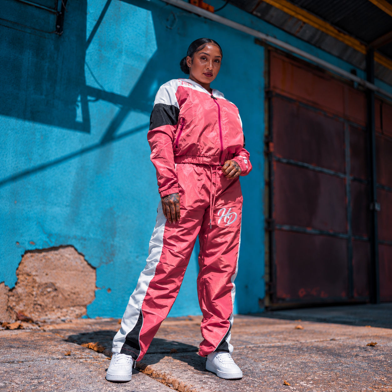 Womens Crop Millionaire Track Set - Salmon/White/Black